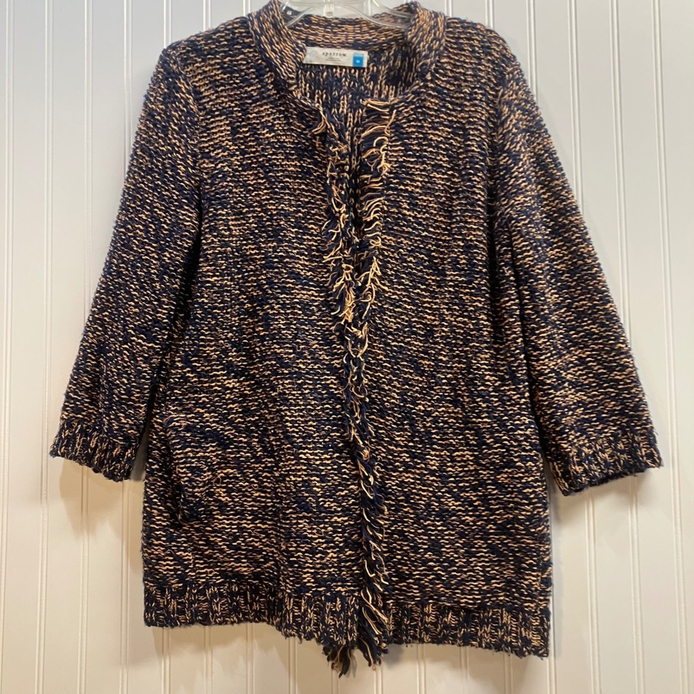 Sparrow Anthropologie Navy Tan Fringe Open Front Cardigan Sweater Wool Linen M - Picture 2 of 12